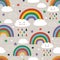 Gray seamless pattern with cute rainbow, cloud, bird and sun