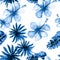 Gray Seamless Plant. Indigo Pattern Hibiscus. Azure Tropical Texture. Blue Drawing Illustration. Navy Banana Leaves.