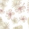 Gray Seamless Textile. Brown Pattern Leaves. White Tropical Design. Banana Leaves. Flower Foliage. Floral Hibiscus. Watercolor