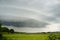 Gray shelf nimbostratus clouds. The dark, protruding, multi layered clouds were known as shelfies, common in thunderstorms.