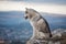 Gray Siberian husky sits on the edge of the rock and looks down.