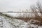 Gray snow sky above a snowy Dutch polder landscape in the winter season