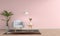 Gray sofa in pink living room, 3D rendering