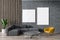 Gray sofa, yellow armchair living room, posters