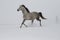 Gray stallion trotting through the snow in cloudy weather. All shades of gray.