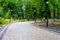 Gray stone walkway in the autumn park with orange benches after the rain. Mariinsky Park near the Parliament of Ukraine, Verkhovna