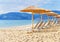 Gray straw umbrella on beautiful beach and ocean and sky