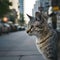 Gray street cat observes surroundings in outdoor urban setting