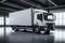 Gray surface hosts white delivery truck, seamless logistics in motion