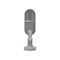 Gray table dynamic microphone on metal stand. Professional mic for recording vocals or broadcasting. Flat vector icon