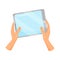 Gray tablet computer in human hands. Gadget with blue touch screen. Electronic device. Flat vector icon