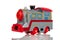 gray toy beautiful bright steam locomotive with battery-powered lighting with sound signals, railway for children, isolated on a w