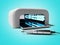 Gray ultraviolet lamp for drying gel polish and bur machine for removing nail polish on your hands 3d render on blue background