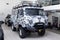 Gray used UAZ car with front view painted in gray raptor line-x paintprepared for off road drive