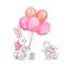 Gray vector cute hares and pink balloons