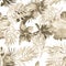 Gray Watercolor Palm. Brown Flower Print. Seamless Print. Pattern Foliage. Tropical Decor. Isolated Garden. Fashion Backdrop. Bota