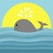 Gray whale with water fountain. Sea ocean wave. Sunset. Cute cartoon character with eyes, tail, fin. Smiling face. Kids baby anima