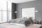 Gray and white panoramic bedroom corner