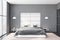 Gray and white panoramic bedroom interior