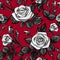 Gray white roses pattern seamless with black leafs on red background, vector repeat tile flower