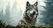 Gray wild wolf looking up, mystic junglecore, balance, scoutcore