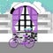 Gray window and Purple drapes and violet bicycle.