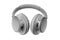 Gray wireless headphones on white background isolated closeup, big grey bluetooth headset design, modern black wi-fi earphones 