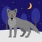 Gray wolf in a cartoon style in the forest. The wolf is walking in the forest. Winter scene.