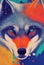 The gray wolf is painted with colored paint and splashed with drops. Close-up. AI-generated