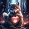 Gray Wolf Pups hugging heart Cute little husky dog with red heart in the forest. AI Generated animal ai