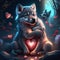 Gray Wolf Pups hugging heart Illustration of a wolf with a heart in his hands in the forest AI Generated animal ai