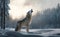 A gray wolf in the snowy wilderness howling in birch forest, adaptation to the cold, generative AI