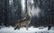 A gray wolf in the snowy wilderness howling in blurred forest, adaptation to the cold, generative AI