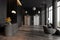 Gray and wooden hotel lobby interior with reception and elevators