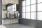 Gray and wooden panoramic bathroom, double sink