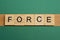Gray word force from small wooden letters