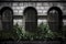 Grayscale Arched Windows overgrown with Green Ivy Vines (Generative AI)