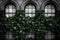 Grayscale Arched Windows overgrown with Green Ivy Vines (Generative AI)