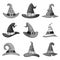 Grayscale blank cartoon witch hat halloween party costume icons set tamplate edit vector illustration