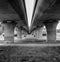 Grayscale shot of bridge columns on grass ground