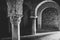 Grayscale shot of the interior columns of the famous old historic Almonaster la Real Mosque in Spain