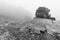 Grayscale shot of a landscape with fog in Penha Garcia. Portugal