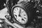 Grayscale shot of a vintage clock