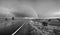 Grayscale. Spring rapeseed and small farmlands fields after rain