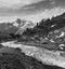 Grayscale. Summer Alps mountain stream on way to Kaunertal Glets