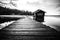Grayscale of wooden pier land with rural Drunken Sauna in the water with forest trees