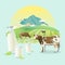 Graze cows on alpine meadows, on mountain landscape background.