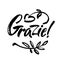 Grazie - thank you in Italian. Calligraphy inscription, black word on white background. Handwritten note