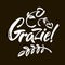 Grazie - thank you in Italian. Calligraphy inscription, white word on black background. Handwritten note. Vector