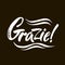 Grazie - thank you in Italian. Calligraphy inscription, white word on black background. Handwritten note. Vector